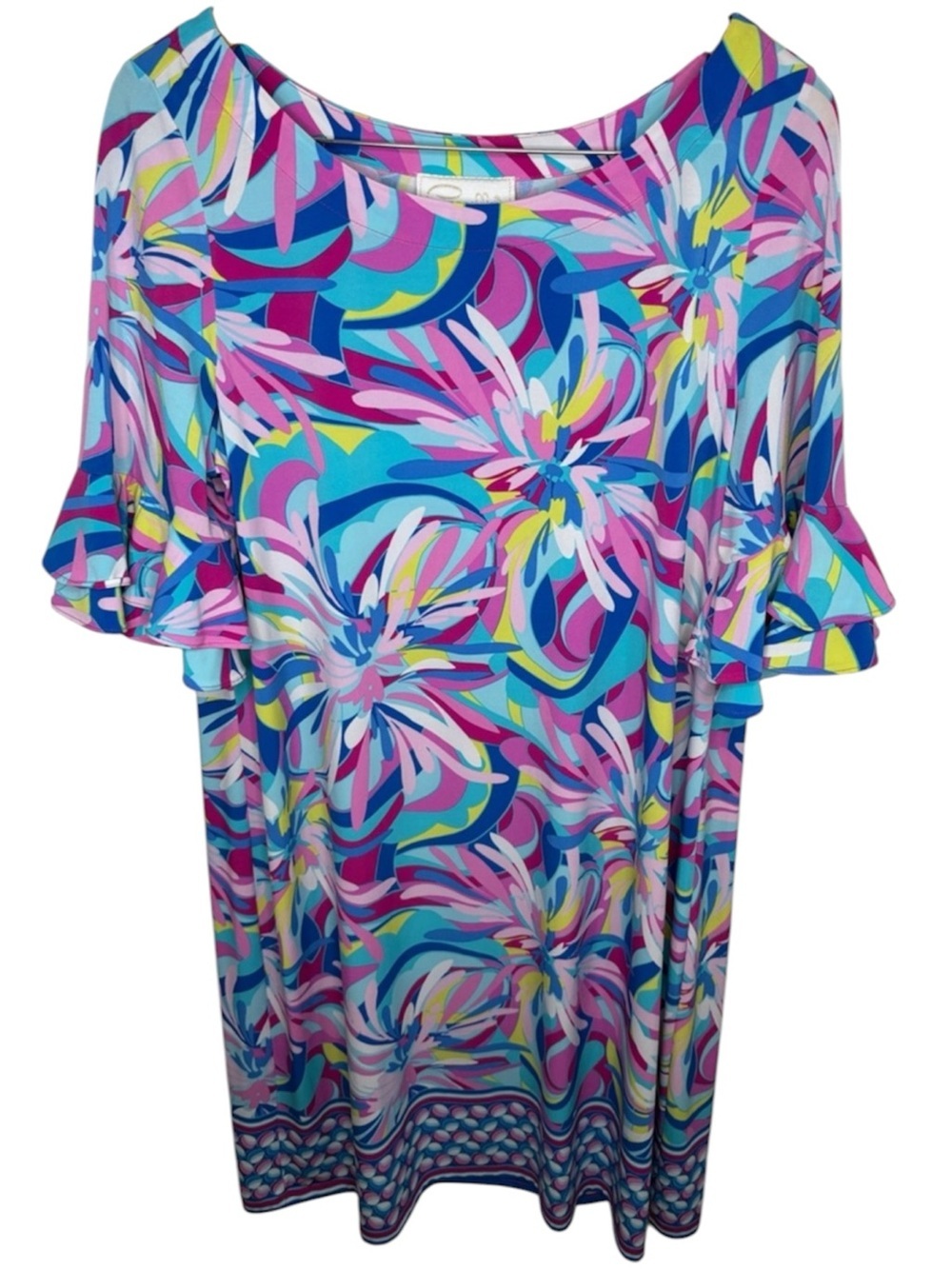Pappagallo Blue Pink Swirl Ruffle Sleeve Dress Women Plus Size 1X